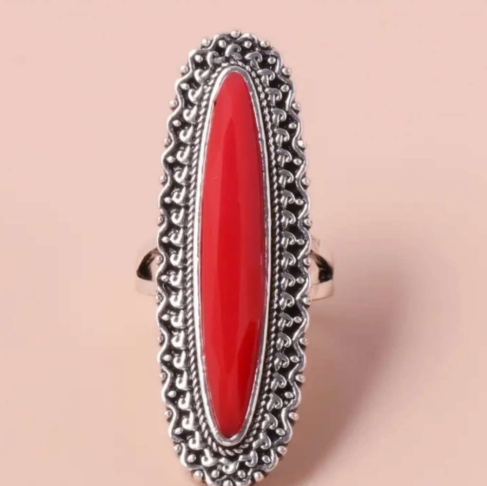 Silvertone Red Inlay Ring